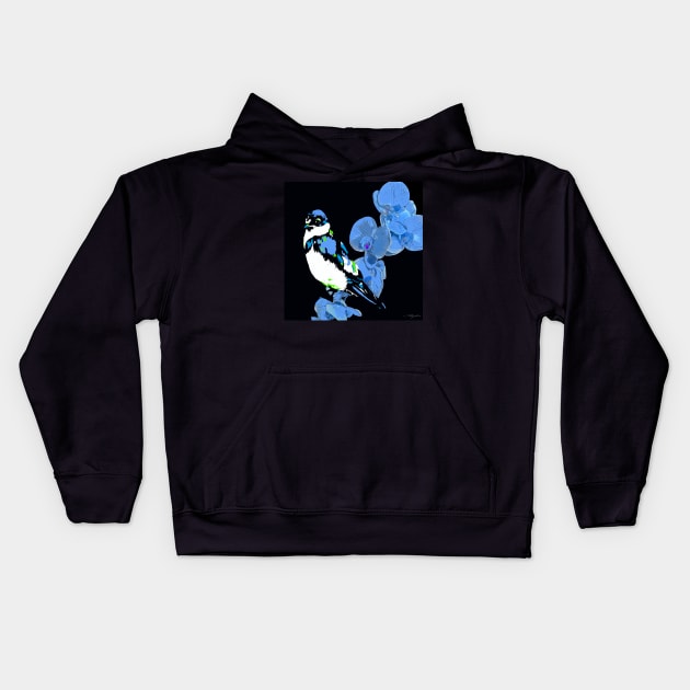 MIDNIGHT BLUE ORCHID AND BIRD Kids Hoodie by Overthetopsm